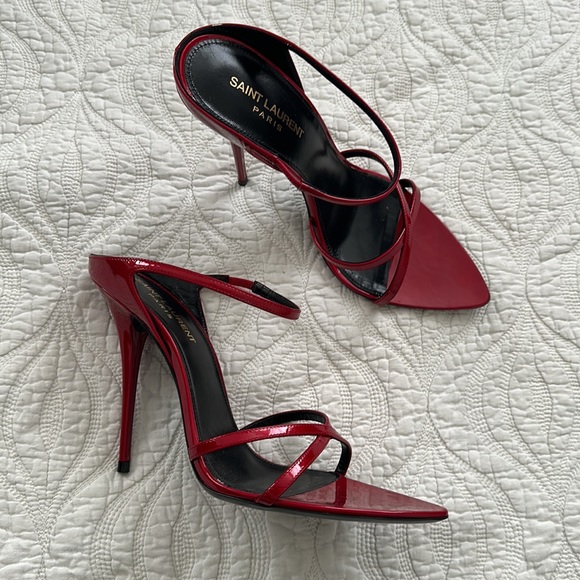 SAINT LAURENT Gippy 125MM Patent Leather Mule stiletto sandals in red - Picture 1 of 7